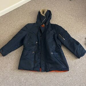 Navy Hooded Parka Coat with Fur Trim
